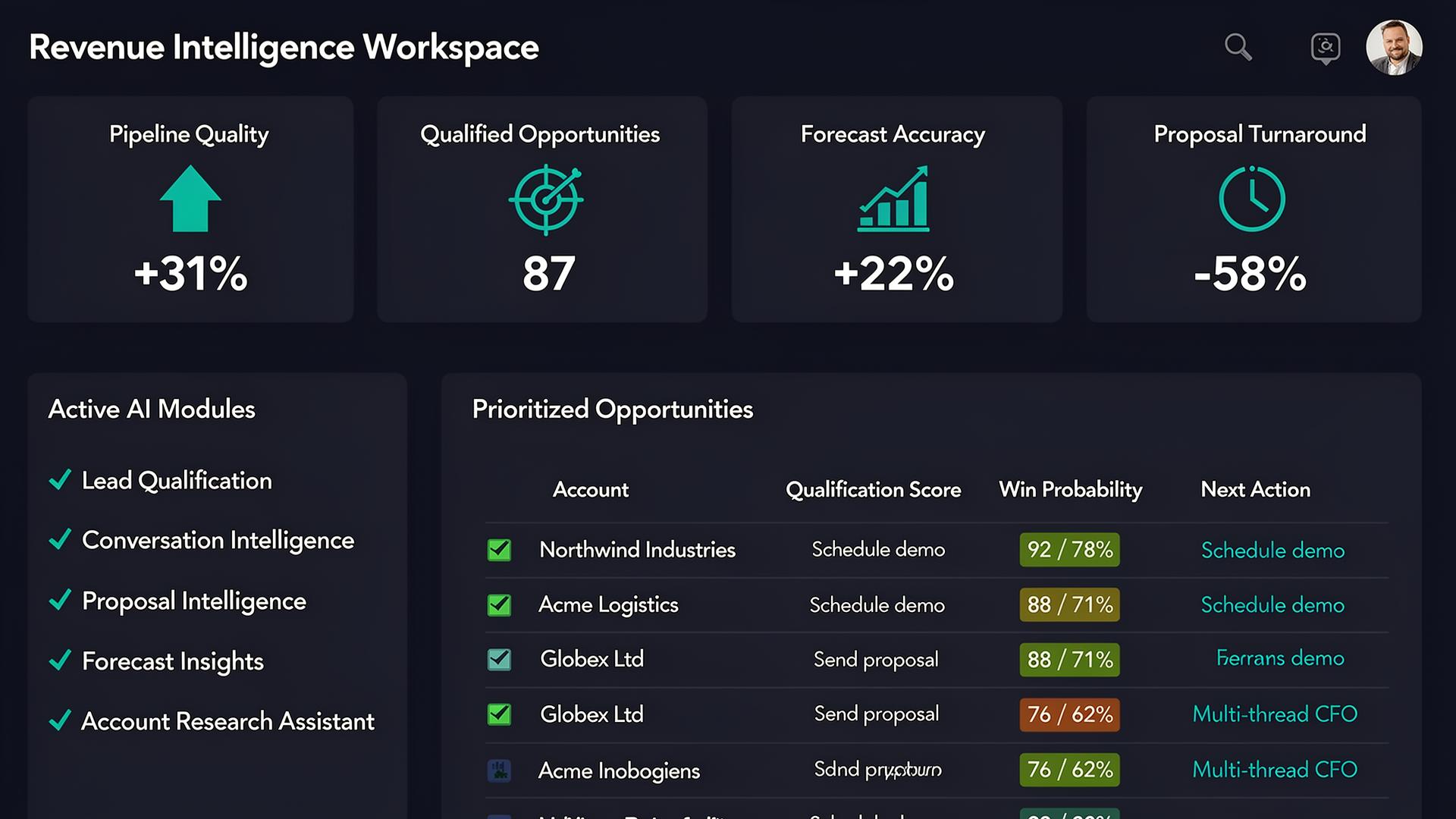 Fictional Revenue Intelligence Workspace dashboard showing pipeline quality, qualified opportunities, forecast accuracy, proposal turnaround, active AI modules and a prioritised opportunity table.