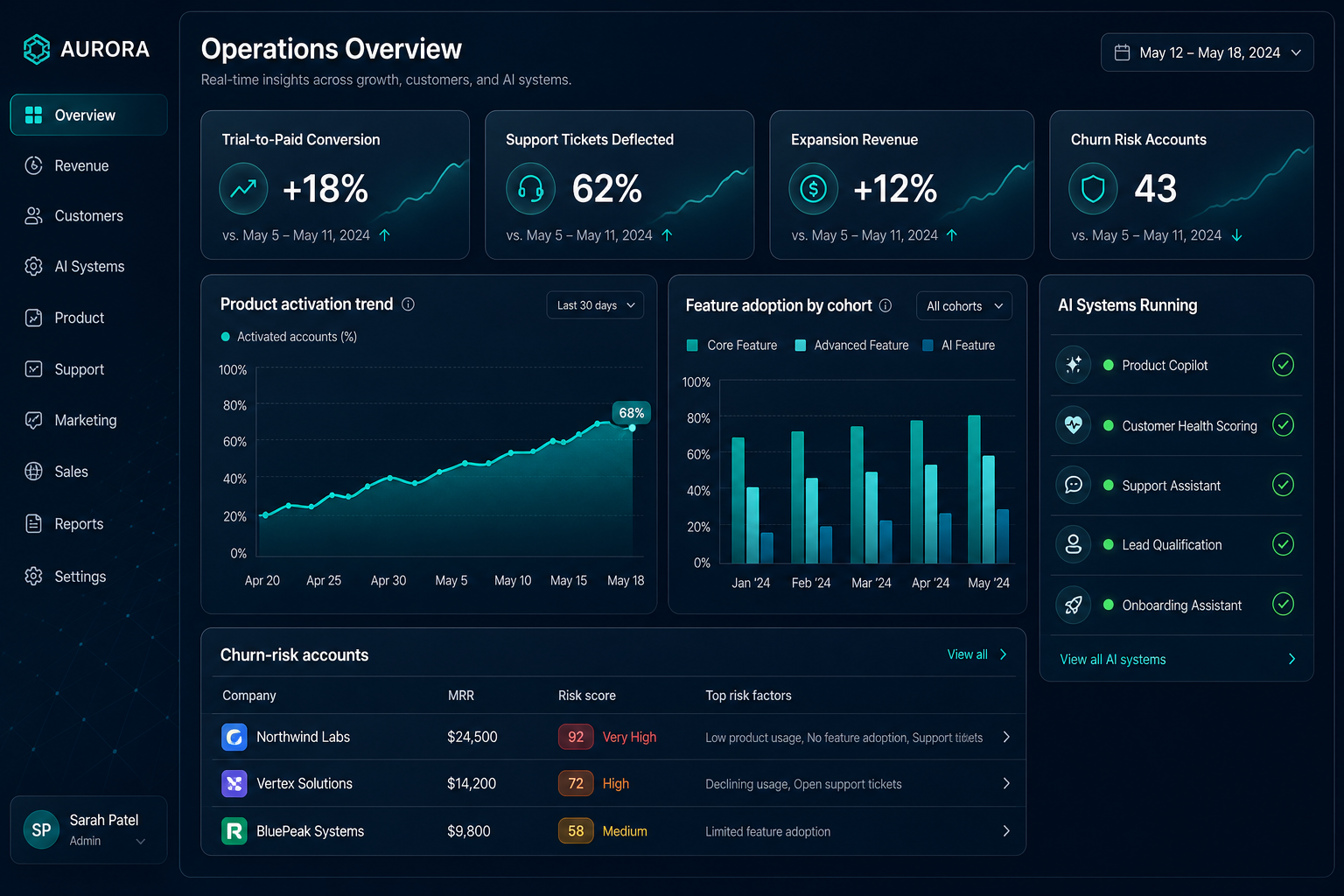 Fictional SaaS operations dashboard showing trial-to-paid conversion, support ticket deflection, expansion revenue, churn-risk accounts and a panel of AI systems running in production.