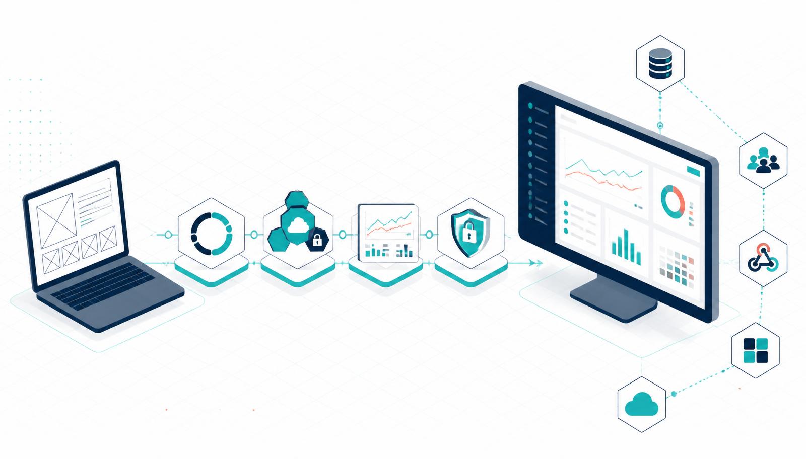 Illustration of an AI prototype on a laptop progressing through a CI/CD pipeline, secure Azure cloud, monitoring dashboards and security checks into an enterprise production dashboard.