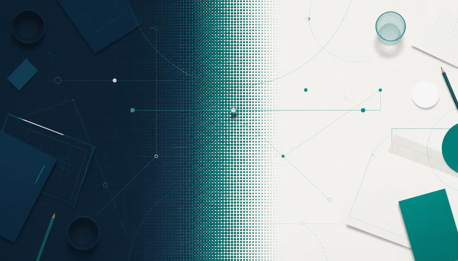 Editorial illustration of a project table shown as two geometric halves &mdash; deep navy on one side, warm white on the other &mdash; with the dividing seam dissolving into fine teal dots so the two sides become one shared workspace.